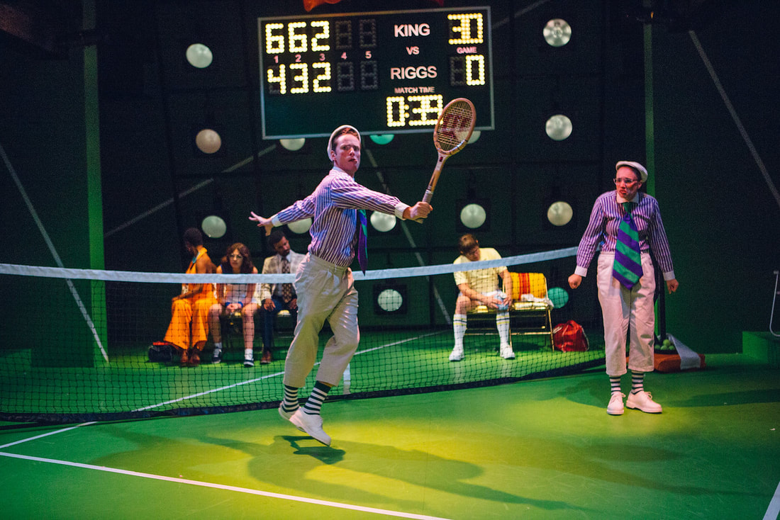Richard Saudek performing as a clown line judge in the tennis-themed show, Balls